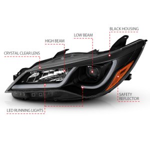 Toyota Camry Projector Headlights - ANZO - Plank Style Design with Clear Lens and Black Housing - Black w/Amber - `15-`16