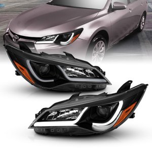 Toyota Camry Projector Headlights - ANZO - Plank Style Design with Clear Lens and Black Housing - Black w/Amber - `15-`16