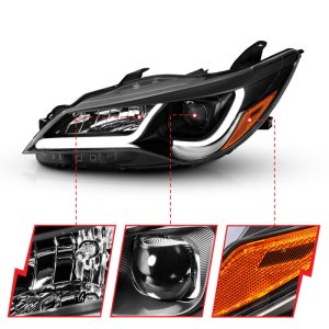 Toyota Camry Projector Headlights - ANZO - Plank Style Design with Clear Lens and Black Housing - Black w/Amber - `15-`16