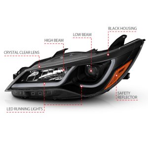 Toyota Camry Projector Headlights - ANZO - Plank Style Design with Clear Lens and Black Housing - Black w/Amber - `15-`16