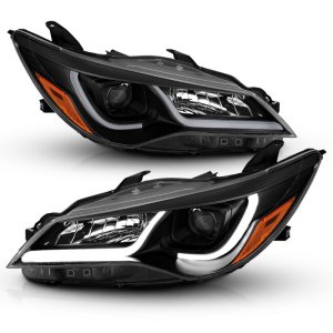 Toyota Camry Projector Headlights - ANZO - Plank Style Design with Clear Lens and Black Housing - Black w/Amber - `15-`16