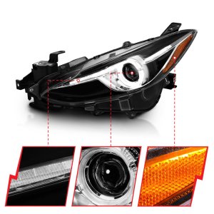 Mazda 3 Projector Headlights - ANZO - With Halo - Black w/Amber - `14-`17