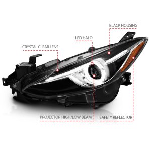 Mazda 3 Projector Headlights - ANZO - With Halo - Black w/Amber - `14-`17