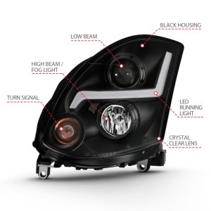 Infiniti G35 Headlight Set - ANZO - Projector Headlight Plank Style - Black - `03-`07