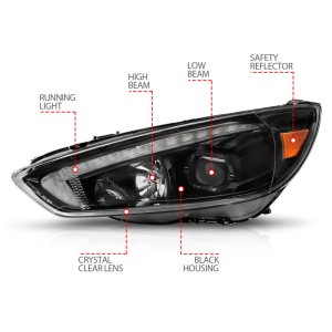 Ford Focus Headlights - ANZO - Projector with Light Bar Switchback - Black Housing - `15-`18 Ford Focus Headlights - ANZO - Projector with Light Bar Switchback - Black Housing - `15-`18