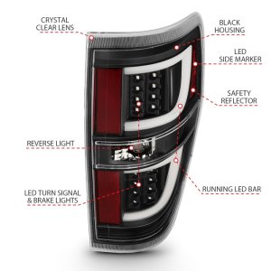 Ford F-150 LED Taillights - ANZO - Red/Clear Lens; Black Housing - Black - `09-`13