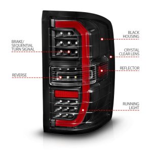 GMC Sierra 1500 LED Taillights - Rear - ANZO - Sequential Signal w/C-Light Bar - Black Housing Clear Lens - `14-`18