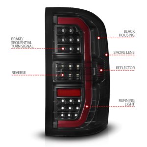 GMC Sierra 1500 LED Taillights - Rear - ANZO - Sequential Signal, Black Housing, C-Light Bar - Smoke Lens - `14-`18