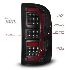 GMC Sierra 1500 LED Taillights - Rear - ANZO - Sequential Signal, Black Housing, C-Light Bar - Smoke Lens - `14-`18