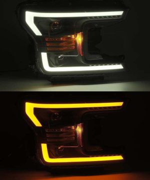 Ford F-150 Headlights - AlphaRex - PRO-Series Projector Plank Style with Active Light/Sequential Signal - Matte Black - `18-`19