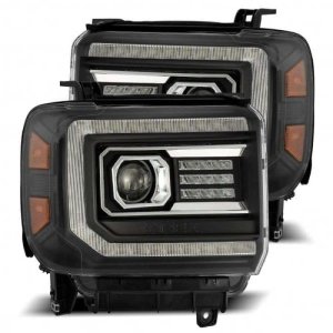 GMC Sierra Headlights - AlphaRex - LUXX LED Projection, Plank Style, with Activ Light, Sequential Signal, DRL - Black - `14-`18