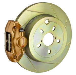 Subaru Impreza Brake Kit - Rear - Brembo - GT BBK 2 Piston Cast 2pc 316 x20 1pc Rotor Slotted Type1 - Gold - `02-`07