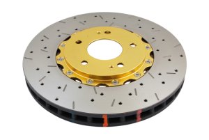 Mitsubishi Evolution Brake Rotors (2) - Front - DBA - Drilled & Slotted 5000 Series - Gold Hat - `03-`05 Mitsubishi Evolution Brake Rotors (2) - Front - DBA - Drilled & Slotted 5000 Series - Gold Hat - `03-`05