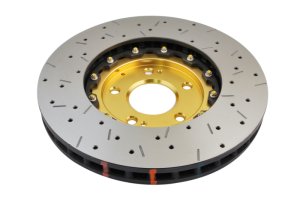Mitsubishi Evolution Brake Rotors (2) - Front - DBA - Drilled & Slotted 5000 Series - Gold Hat - `03-`05 Mitsubishi Evolution Brake Rotors (2) - Front - DBA - Drilled & Slotted 5000 Series - Gold Hat - `03-`05