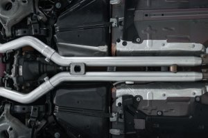 Ford Mustang Performance Exhaust - Rear - MBRP - Cat Back, Dual Rear Exit, Quad Carbon Fiber Tips, Race Version, T304 Stainless Steel - Carbon Fiber - `18-`22