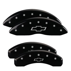 Chevrolet Silverado Caliper Covers - Front + Rear - MGP - 4 Logo, Engraved Bowtie, Silver Characters, Black Powder Coat - Black - `00-`08