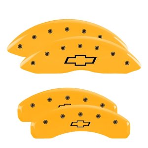 Chevrolet Silverado Caliper Covers - Front + Rear - MGP - Bowtie Logo, Black Characters - Yellow - `99-`06
