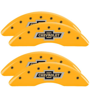 Chevrolet Silverado 2500HD Caliper Covers - Front + Rear - MGP - 100th Anniversary Logo, Black Characters - Yellow - `18-`19