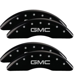 GMC Sierra Caliper Covers - Front + Rear - MGP - 4 Logo, Engraved, Silver Characters - Black - `11-`19