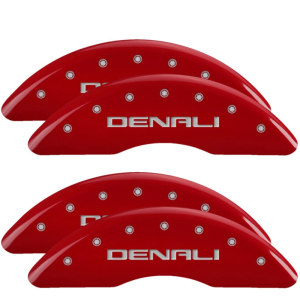 GMC Sierra 2500HD Caliper Covers - Front + Rear - MGP - Standard, Engraved with Silver Characters - Red - `20-`25