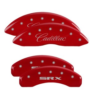 Cadillac SRX Caliper Covers - Front + Rear - MGP - 4 Logo Engraved Front Cursive/Cadillac Engraved Rear SRX - Red - `10-`11