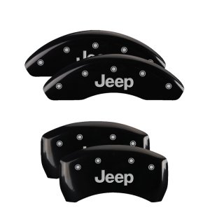 Jeep Compass Caliper Covers - Front + Rear - MGP - 4 Logo, Engraved, Silver Characters - Black - `17-`24