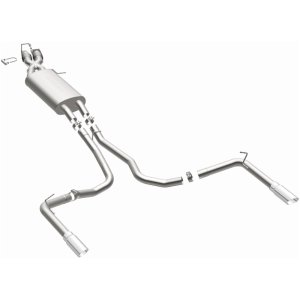 Land Rover Range Rover Sport Performance Exhaust - Rear - Magnaflow - Touring Series Cat-Back, Dual Split Rear Exit, 2.5 in mandrel-bent piping, Straight-Through muffler, 3.5 in polished double-wall angle-cut tips, stainless steel, moderate exterior/mild 