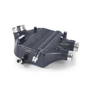 BMW M3 Air-to-Water Intercooler Kit - Mishimoto - Performance Power Pack (bar-and-plate core, single-pass coolant flow; includes intercooler + enlarged heat exchanger with stone guard and variable fin pitch + aluminum charge pipes) - Mineral Gray Metallic