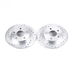 Ford Taurus Brake Rotors (2) - Rear - PowerStop - Evolution Drilled & Slotted Zinc Plated - Silver - `93-`05