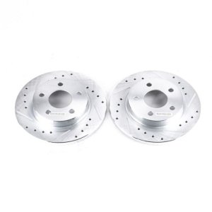 Ford Taurus Brake Rotors (2) - Rear - PowerStop - Evolution Drilled & Slotted Zinc Plated - Silver - `93-`05