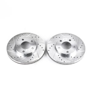 Ford Mustang Brake Rotor (2) - Front - PowerStop - Evolution Drilled & Slotted Zinc Plated Rotors - Silver - `94-`04