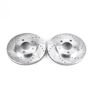 Ford Mustang Brake Rotor (2) - Front - PowerStop - Evolution Drilled & Slotted Zinc Plated Rotors - Silver - `94-`04