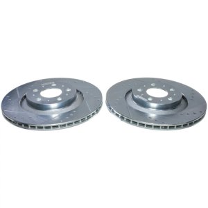 Tesla Y Brake Rotors (2) - Rear - PowerStop - Drilled & Slotted with Zinc Plating - Silver - `20-`24