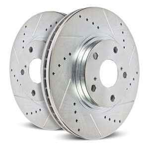 Ford Mustang Mach-E Brake Rotor (2) - Front - PowerStop - Drilled & Slotted Zinc Plated - Silver - `21-`23