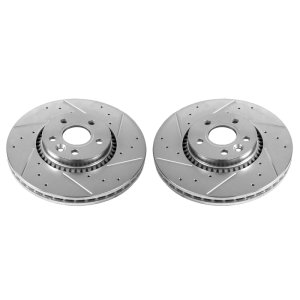 Volvo S80 Brake Rotors (2) - Front - PowerStop - Evolution Drilled & Slotted, Zinc Plated - Silver - `08-`16