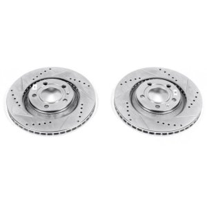 Audi S4 Brake Rotors (2) - Rear - PowerStop - Evolution Drilled & Slotted Zinc Plated - Silver - `04-`09