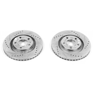 Audi S4 Brake Rotors (2) - Rear - PowerStop - Evolution Drilled & Slotted Zinc Plated - Silver - `04-`09