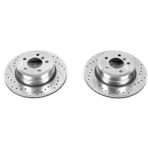 BMW X5 Brake Rotors (2) - Rear - PowerStop - Evolution Drilled & Slotted Zinc Plated Rotors - Silver - `07-`18 BMW X5 Brake Rotors (2) - Rear - PowerStop - Evolution Drilled & Slotted Zinc Plated Rotors - Silver - `07-`18