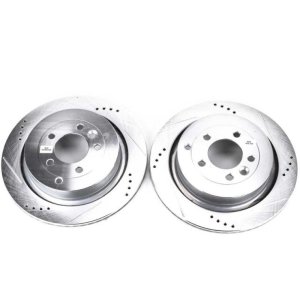 Land Rover LR4 Brake Rotors (2) - Rear - PowerStop - Evolution Drilled & Slotted, Zinc Plated - Silver - `10-`16