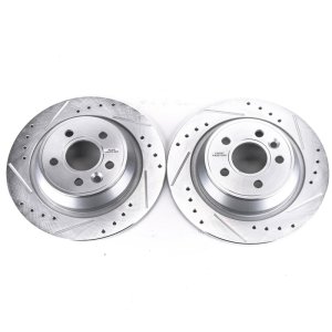 Land Rover Range Rover Evoque Brake Rotors (2) - Rear - PowerStop - Evolution Drilled & Slotted, Zinc Plated - Silver Zinc - `12-`15
