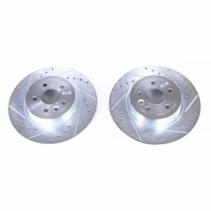 Land Rover Range Rover Evoque Brake Rotors (2) - Rear - PowerStop - Evolution Drilled & Slotted, Zinc Plated - Silver - `16-`19