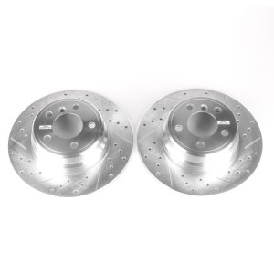 BMW X5 Brake Rotors (2) - Rear - PowerStop - Evolution Drilled & Slotted Zinc Plated - Silver - `00-`06