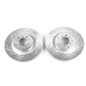 BMW M3 Brake Rotors (2) - Front - PowerStop - Evolution Drilled & Slotted Zinc Plated - Silver - `01-`06