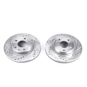 Land Rover Freelander Brake Rotors (2) - Front - PowerStop - Evolution Drilled & Slotted Zinc Plated - Silver - `02-`05