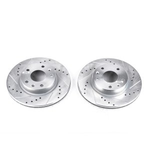 Land Rover Freelander Brake Rotors (2) - Front - PowerStop - Evolution Drilled & Slotted Zinc Plated - Silver - `02-`05