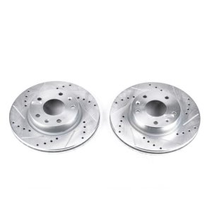 Land Rover Freelander Brake Rotors (2) - Front - PowerStop - Evolution Drilled & Slotted Zinc Plated - Silver - `02-`05
