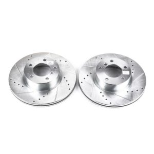 BMW X1 Brake Rotors (2) - Front - PowerStop - Evolution Drilled & Slotted Zinc Plated - Silver - `13-`15
