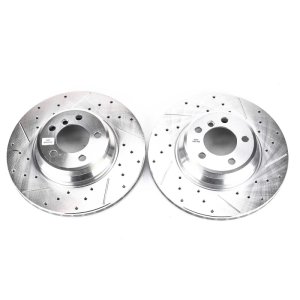 BMW 7 Series Brake Rotors (2) - Front - PowerStop - Evolution Drilled & Slotted Zinc Plated - Silver - `02-`05