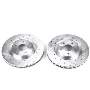 Infiniti G35 Brake Rotor (2) - Front - PowerStop - Evolution Drilled & Slotted Zinc Plated - Silver - `03-`04 Infiniti G35 Brake Rotor (2) - Front - PowerStop - Evolution Drilled & Slotted Zinc Plated - Silver - `03-`04