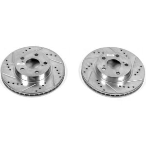 Toyota Prius Brake Rotors (2) - Front - PowerStop - Evolution Drilled & Slotted - Silver - `04-`09